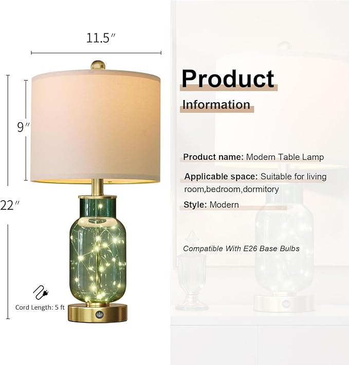 Oneach 22" Glass Table Lamps Set of 2, Green Modern Bedside Lamp with LED Night Light for Living Room, Nightstand Lamp with USB Ports for Bedrooms, Study Room, End Table(2 Bulbs Included)
