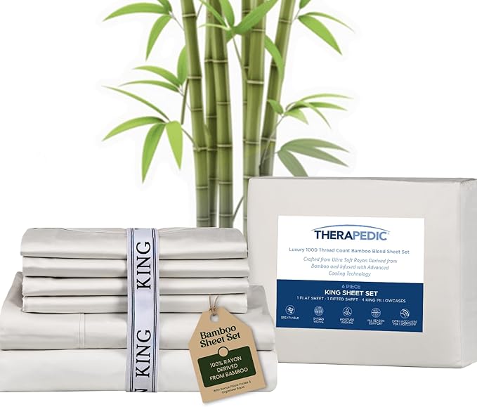 Therapedic 1000TC King 6-Piece Sheet Set - 100% Organic Rayon Derived from Bamboo Blend with Cooling Fiber, Ideal for Hot Sleepers - 16" Deep Pocket Fitted Sheet, Bonus Pillowcases - Ivory