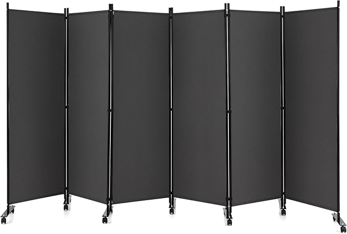 GOFLAME 6 Panel Folding Room Divider, 6FT Rolling Privacy Screen with Lockable Wheels, Portable Room Partition Screen, Freestanding Wall Divider and Separator for Home Office, Grey