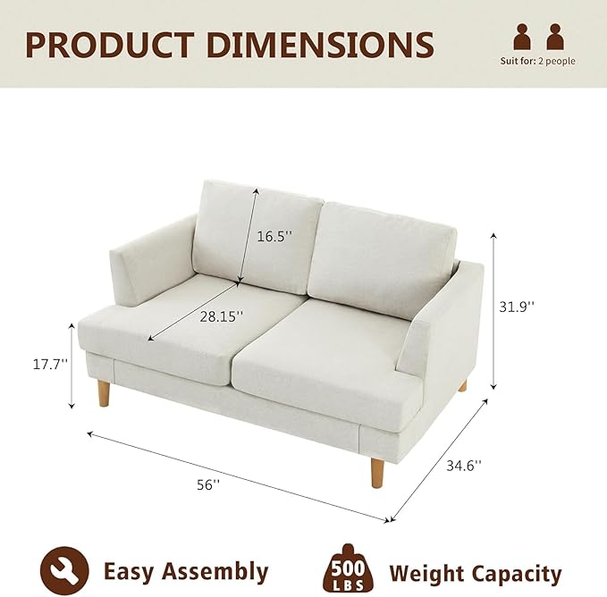 Loveseat Sofa 56", Small Couches for Small Spaces, Mid Century Love Seat Couches for Living Room, Upholstered 2-Seater Couch for Bedroom, Apartment, Beige