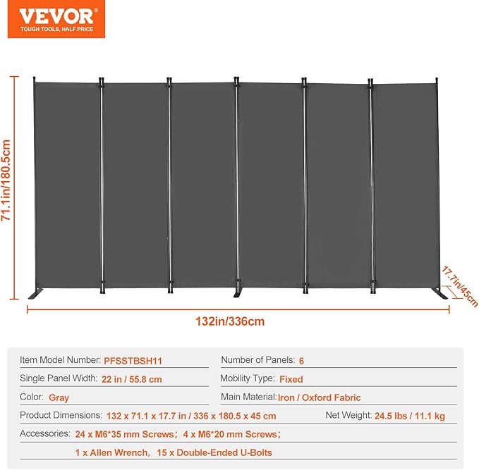 VEVOR Room Divider, 6 Panel Room Divider, Folding Privacy Screen and Portable Partition Divider for Room Separation, Freestanding Room Partitions for Office, Bedroom, Study, Grey