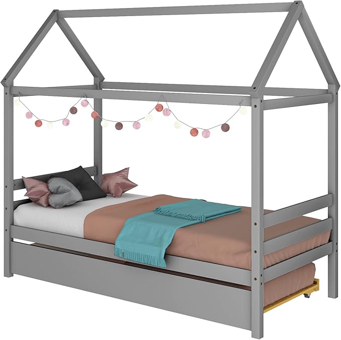 Giantex House Bed with Trundle, Solid Wood Twin Size Daybed for Girls & Boys, Kids Platform Bed Frame with Roof for Bedroom, No Box Spring Needed, Grey