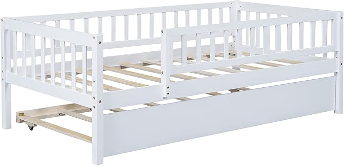 Bellemave Twin Kids Bed Frames with Rails for Kids, Twin daybed with Trundle for Boys/Girls/Adults，White