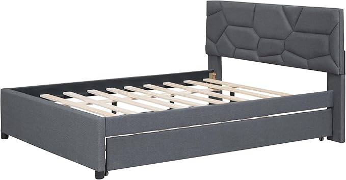 Full Size Bed Frame with Twin Size Trundle,Linen Upholstered Platform Bed Frame Full with Brick Pattern Headboard,Wood Slat Support Included,No Box Spring Needed,Easy Assembly,Gray