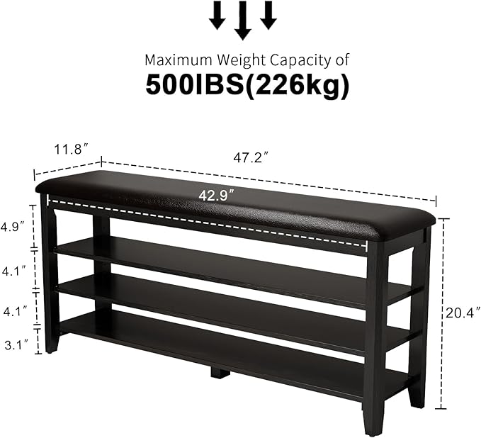 AQIMUELE Shoe Bench with Leather Cushion, 3 Tiers Shoe Storage Bench Height Adjustable, Walnut Wood Entryway Bench for Hallway, Mudroom