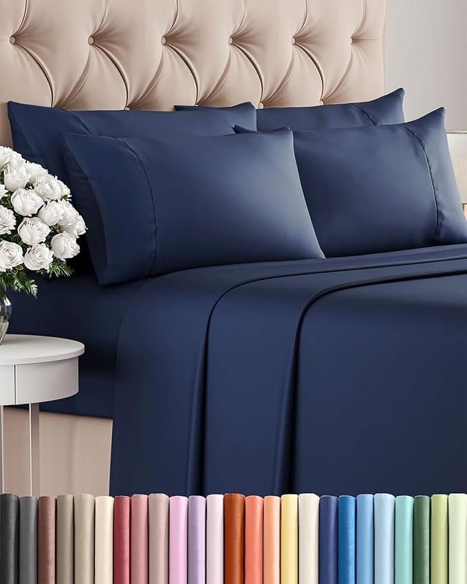 Cal King 6 Piece Sheet Set - Cooling, Comfy & Breathable - Hotel Luxury Bedding, Includes Fitted Sheet for Women, Men, Kids & Teens - 1 Flat, 1 Fitted Sheet, 4 Pillowcases w/Deep Pockets - Navy Blue