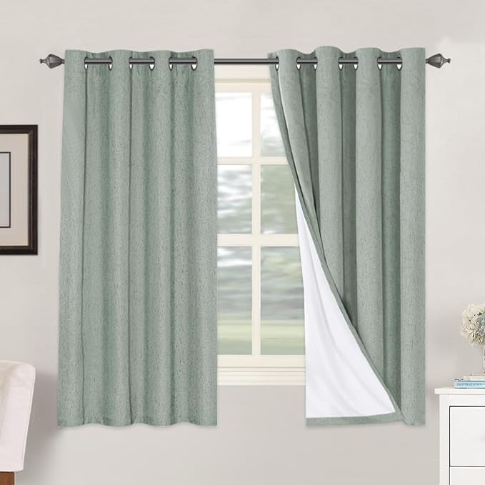 H.VERSAILTEX Linen Blackout Curtains 63 Inches Long 100% Blackout Thermal Insulated Textured Linen Look Curtain Draperies Anti-Rust Grommet, Energy Saving with White Liner, 2 Panels, Green Bay