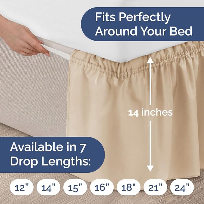 Wrap Around Dust Ruffle Bed Skirt - Cream - for Queen Size Beds w/ 14 Inch Drop - Easy Fit Elastic Strap - Adjustable Pleated Bedskirt w/Brushed Fabric, Wrinkle & Fade Free Women, Men, Kids & Teens