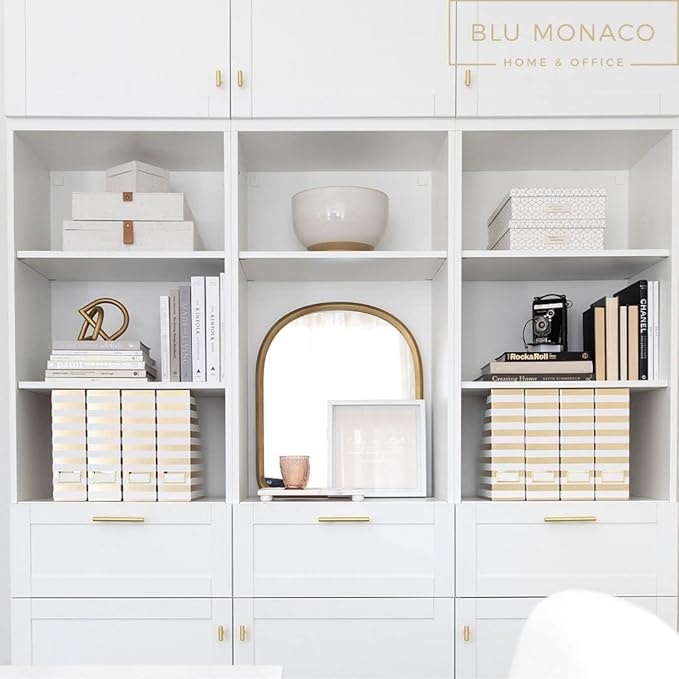 BLU MONACO Set of 4 Gold & White Striped Magazine File Boxes | Foldable Cardboard File Organizer Boxes with Gold Label Holders | Stylish Desk Organizer for Home Office and Classroom