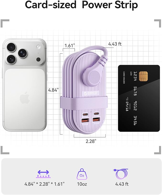 ORICO 65W USB Travel Power Strip, 7 in 1 Charging Station with 3AC, 2 USB-A, 2 USB-C, Flat Plug and 4ft Thin Extension Cord, Fast Charger for MacBook, iPad, iPhone 17/16/15 - TK65