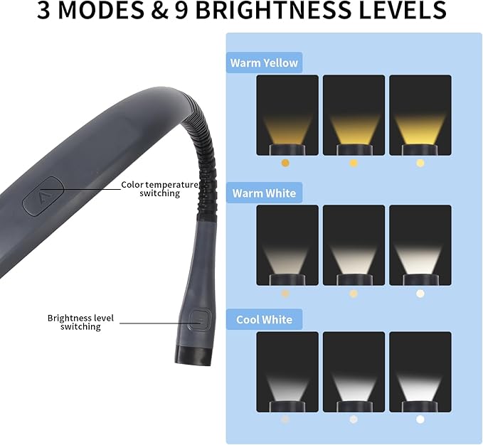Book Light, 3-Color & 9-Brightness Reading Light, Bendable Neck Light, 80-hr Lasting Rechargeable Lamp, Perfect Book Light for Reading in Bed, Knitting, Camping (Grey, Classic)