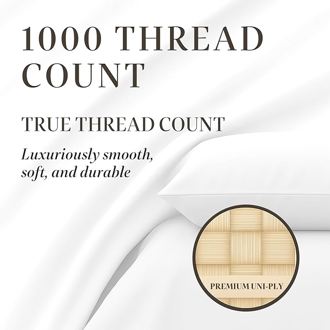 Hyde Lane Luxury 1000 Thread Count 100% Cotton Sheets | Very Soft & Thick - Fits Upto 20" Mattress | Sateen Weave Bed Sheets 18" Deep Pocket- 4 PC Sheet Set (Natural White, Queen)
