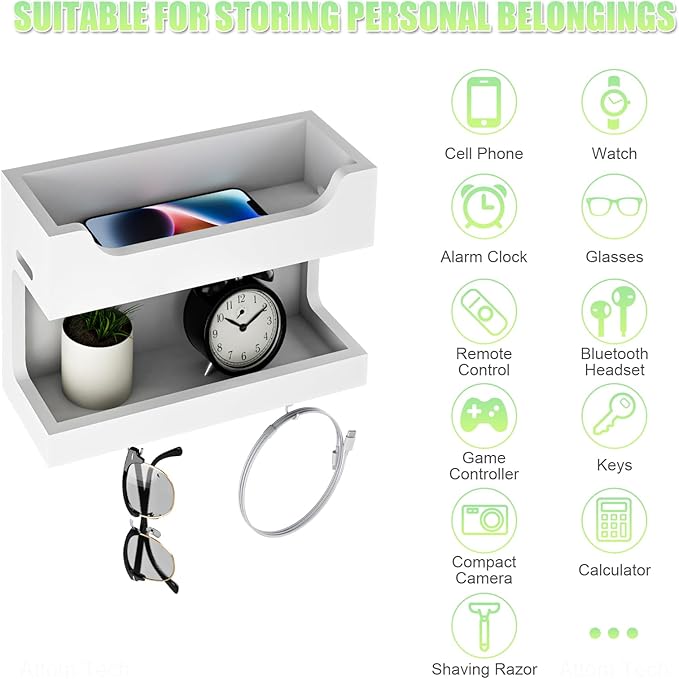 NiHome Wall Mounted Wooden Bedside Accessories Organizer, Double Tray Bedside Storage Shelf Rack with Magnetic Hooks, Bedroom Dorm RV Wall Caddy Holder for Phone Glasses Alarm Clock Remote (White)