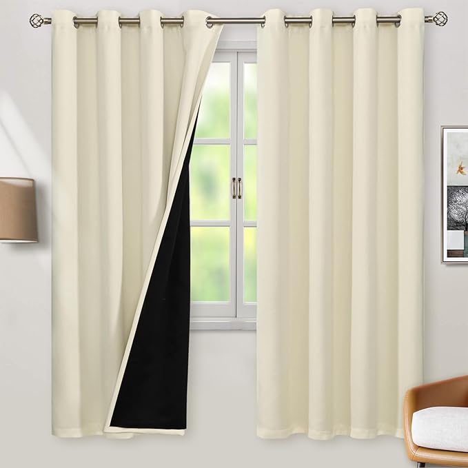 BGment Cream 100% Blackout Curtains for Living Room 72 Inch Length 2 Panels, Thermal Insulated Full Light Blocking Grommet Soundproof Window Drapes for Bedroom with Black Liner, 52 Inch Wide Each
