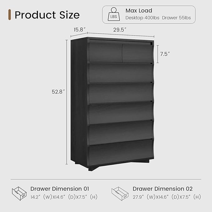 Black Tall Dresser for Bedroom, 52.8" Tall Dresser with 7 Drawers, Wood Dressers & Chests of Drawers, Accent Upright Drawer Organizers for Closet, Hallway
