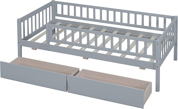 Bellemave Twin Bed Frames with Rails for Kids, Twin daybed Frame with Drawers for Boys/Girls/Adults，Gray