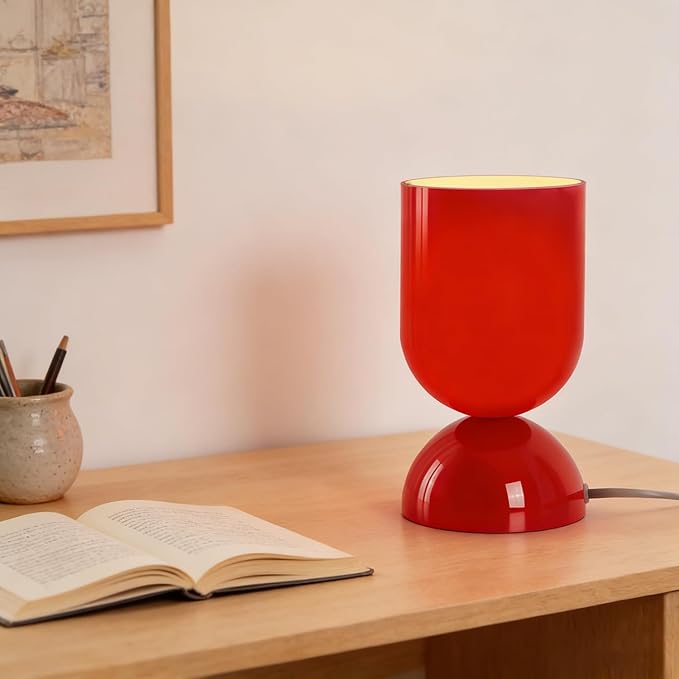 8.9'' Modern Glass Table Lamp, Dimmable Bedside & Desk Lamp for Living Room and Bedroom, UL Listed Nightstand Lamp with Dome Base, Home Decor for Office, Dorm, Side Table, Glossy Red
