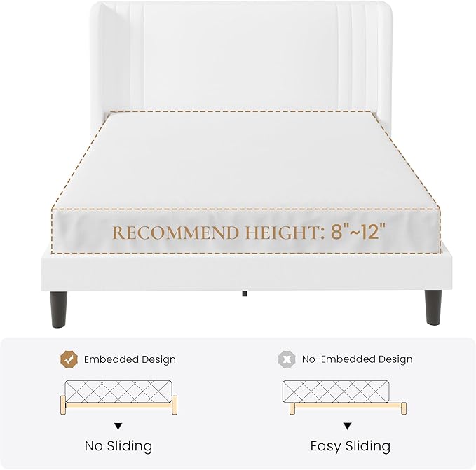 SHA CERLIN Queen Size Velvet Upholstered Platform Bed Frame with Vertical Channel Tufted Wingback Headboard, Wooden Slats Support, Easy Assembly, Under Bed Storage, No Box Spring Required, White