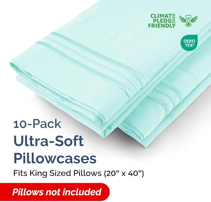 King Pillow Cases Set of 10 - Ultra Soft Hotel Quality Pillowcase Covers - Comfy & Wrinkle Free - Shrink, Stain & Fade Resistant - Easy-Care, Machine Washable Pillow Protectors - 10 Pcs Set - Spa Blue