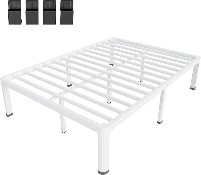 MAF 20 Inch Full Size Bed Frame White with Round Corner Legs Mattress Slide Stopper No Box Spring Needed Heavy Duty Metal Platform Bed Frames Under-Bed Storage Space, 3000 LBS Steel Slats Support