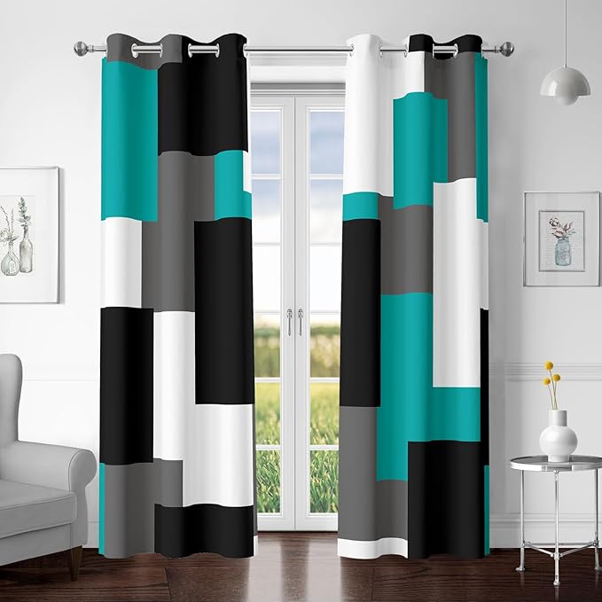 Teal/Turquoise 100% Blackout Curtains for Bedroom 72 inch Length 2 Panels Set White Grey Modern Abstract Geometric Black Out Curtains Room Darkening Window Drapes for Living Room, 42Wx72L