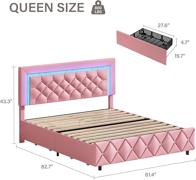 BarnFurin Queen Bed Frame with LED Lights, Upholstered Bed Frame with 4 Storage Drawers, Princess Platform Bed with Diamond Headboard and Footboard, No Box Spring Needed, Pink