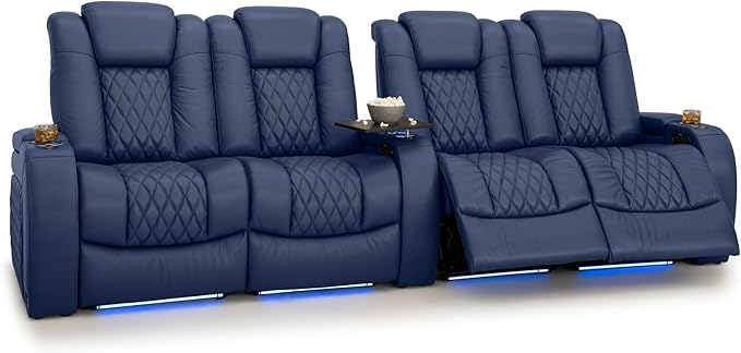 Seatcraft Diamante Zero-Gravity CoolZero Italian Leather Home Theater Seating, Power Headrest, Power Recline, Row of 4 Dual Loveseats, Navy Blue