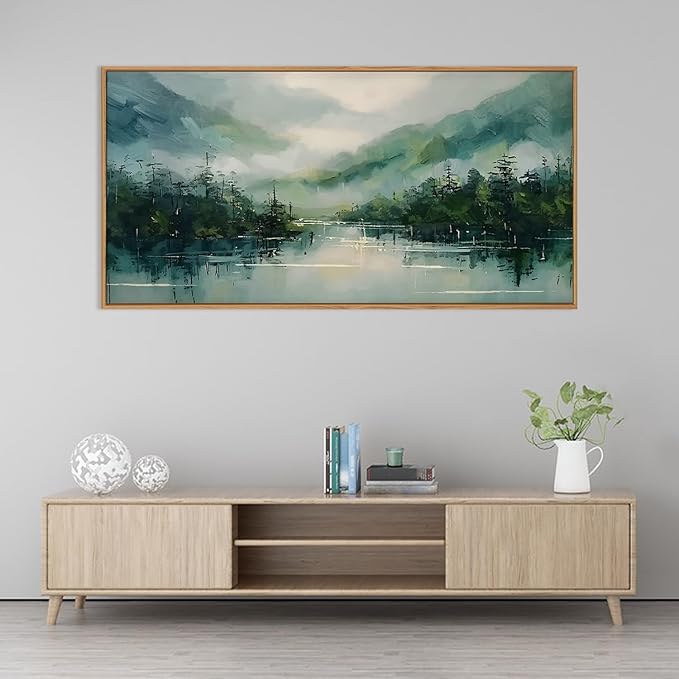 LHIUEM Large Foggy Forest Mountain Framed Canves Wall Art Set,Nature Green Watercolor Artwork,Abstract Modern Landscape Pine Tree Painting for Living Room,Bedroom,Office- 20''x40''x1