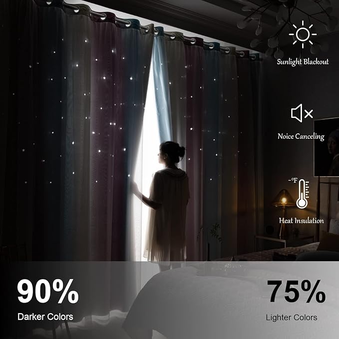 Star Blackout Curtains - Bedroom Cute Kids Rainbow, 96 Inch Long 2 Panels, Purple & Blue, 42 x 96 Inch