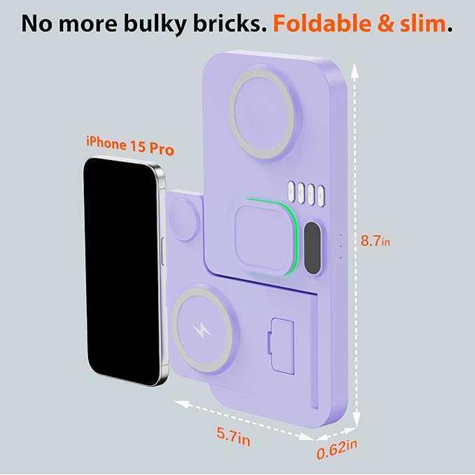 Dual Phone Magnetic Wireless Charging Station for Apple Devices/Apple Ecosystem,with Auto-Switch 7-Color Light & Clock, Compatible with iPhone 17/16/15, for iWatch 11/10/9 & AirPods Pro3（Puple