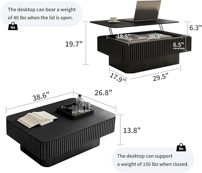 LKTART Lift Top Coffee Table for Living Room, Accent Fluted Coffee Table with Storage, Modern Solid Wood Veneered Rectangle Center Tea Table for Small Space Apartment (38.6''L×14''H-Black)