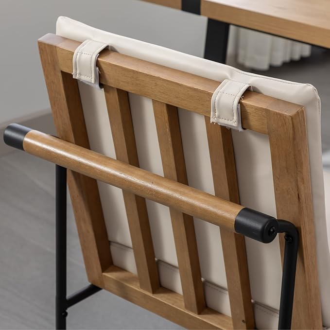 Modern Dining Chairs Set of 4, Comfy PU Leather Side Chairs Guest Chairs with Wooden Backrest Black Metal Legs for Dining Room Living Room, Beige