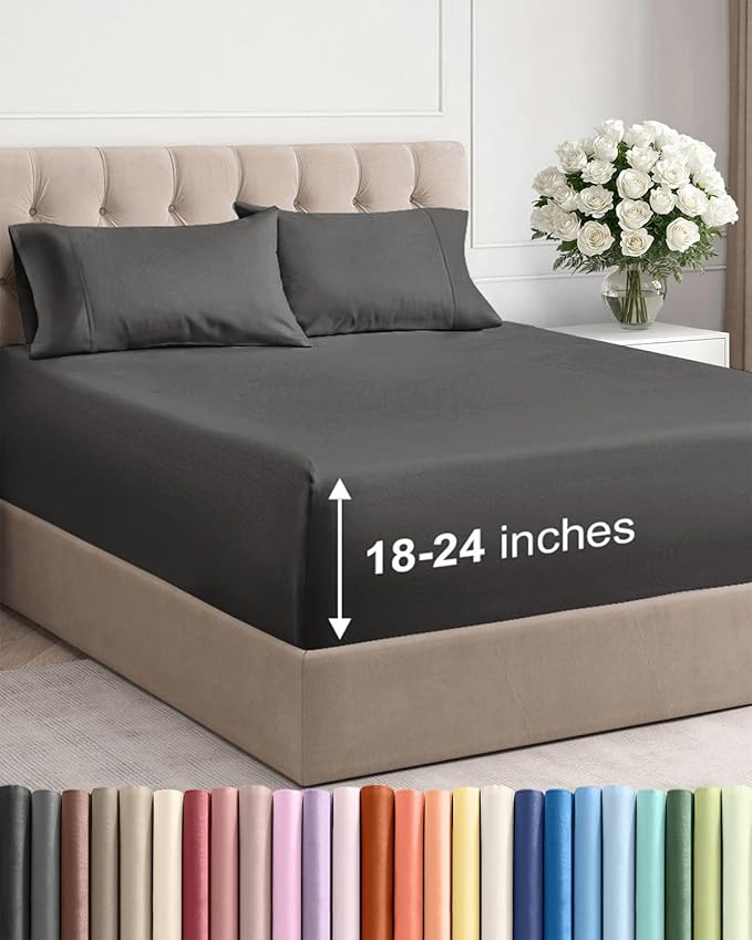 Extra Deep Twin Sheet Set - 4 Piece Breathable & Cooling Sheets - Hotel Luxury Bed Sheets Set - Easy & Secure Fit - Soft, Wrinkle Free & Comfy Sheets Set - Charcoal Sheet Set with Extra Deep Pockets