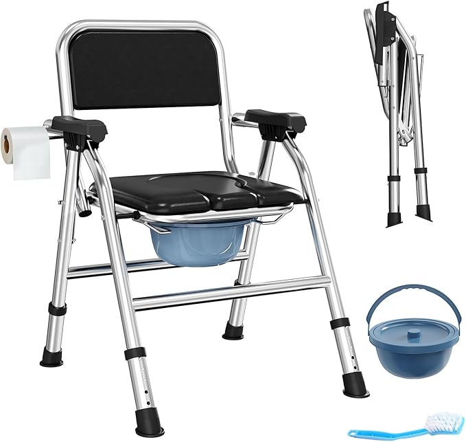 4 in 1 Folding Bedside Commode Chair for Elderly with Arms and Back,Adjustable Height Raised Toilet Seat with Handles,Adults Potty Chair for Seniors,Disabled and Pregnant (with Paper Roll Holder)