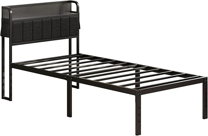 16 Inch Twin XL Bed Frames with Storage Headboard, Modern Design Metal XL Twin Bed Frame No Box Spring Needed, Easy Assembly, Black