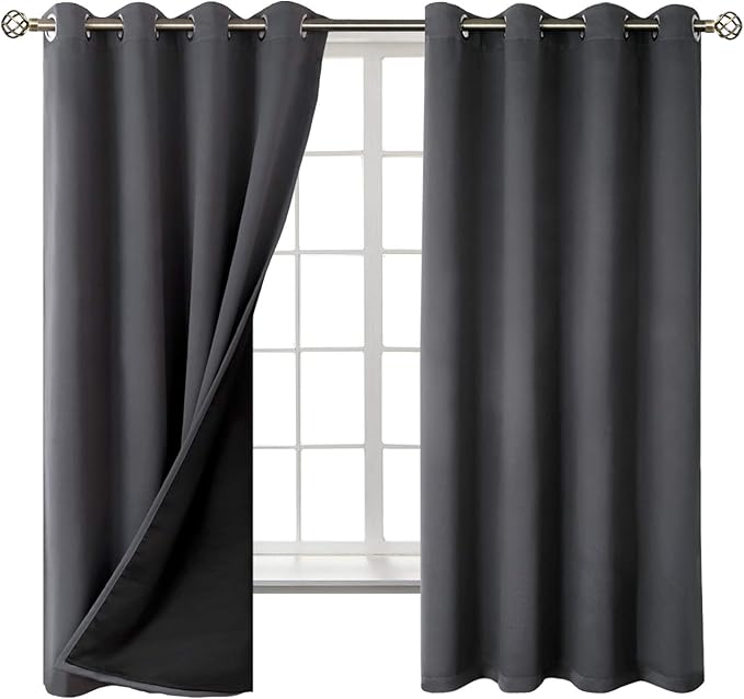 BGment Thermal Insulated 100% Blackout Curtains for Bedroom with Black Liner, Double Layer Full Room Darkening Noise Reducing Grommet Curtain (52 x 63 Inch, Dark Grey, 2 Panels)