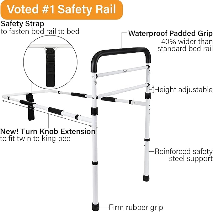 Vaunn Medical New Adjustable Bed Assist Rail Handle (Passed ASTM F3186–17 Safety Standard) and Hand Guard Grab Bar, Bedside Safety and Stability (Tool-Free Assembly)