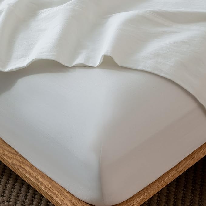 MooMee Fitted Bottom Sheet Only 100% Washed Cotton Linen Like Textured Breathable Durable Soft Comfy Deep Pocket Fits Mattress up to 17" (Off White, King)
