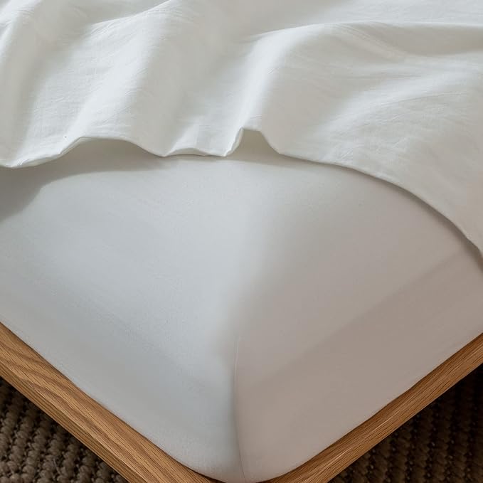 MooMee Fitted Bottom Sheet Only 100% Washed Cotton Linen Like Textured Breathable Durable Soft Comfy Deep Pocket Fits Mattress up to 17" (Off White, Twin)