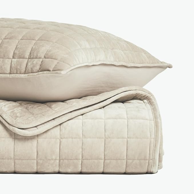 RECYCO Luxury Velvet Quilt Twin/Twin XL Size Bedding Set, Ultra Soft Velvet Comforter Set, Lightweight Quilted Channel Box Stitch Oversized Bedspread Coverlet for All Season, with 1 Sham, Beige