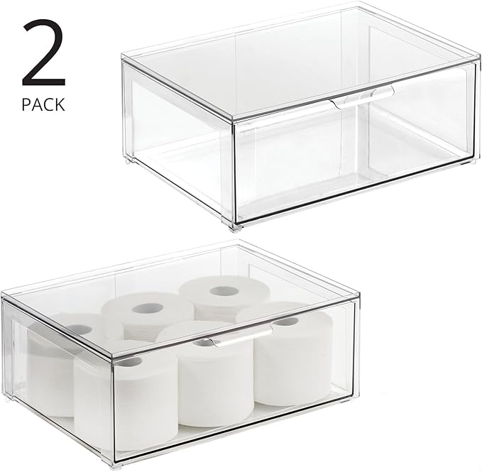 mDesign Plastic Stackable Bathroom Storage Organizer Bin Containers with Front Pull Drawer for Bathroom Countertop, Vanity, Closet Shelves - Holder for Accessories - Lumiere Collection, 2 Pack, Clear