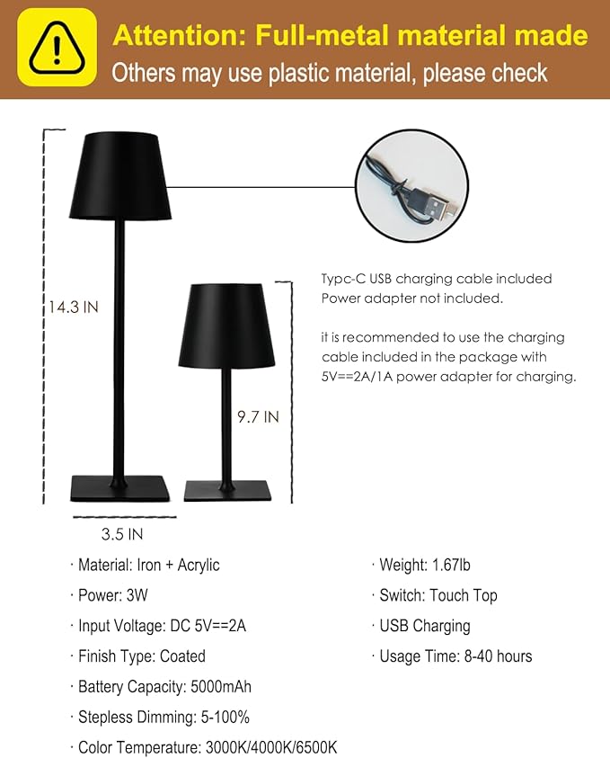 Cordless Table Lamp, Rechargeable Table Lamp with Touch Dimmable Control, Portable LED Desk Lamp for Indoor Patio (Black-Rectangle, 2)