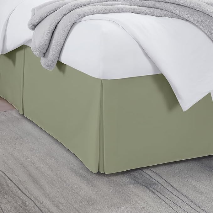 King Bed Skirt, Luxury 15 Inch Drop Sage Pleated Bed Skirt, Double Brushed Microfiber, Box Pleat Design, Wrinkle & Fade Resistant, Easy Fit Tailored Bedskirt for King Size Beds