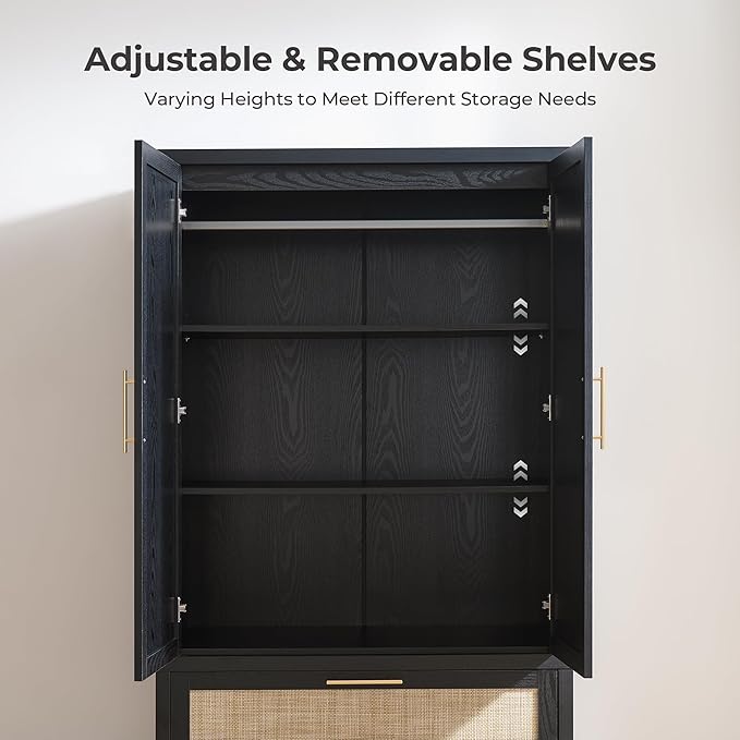SICOTAS Larger Armoire Wardrobe Closet, 71" Tall Rattan Wardrobe Closet Cabinet with Storage and 2 Drawers, Boho Armoire Clothes Organizer with Hanging Rod for Bedroom, Black Oak (2 PCS)