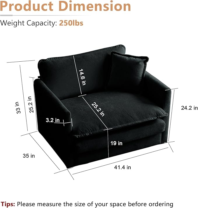 mikibama 41.4 Inch Single Seat Sofa, Chenille Comfy Deep Upholstered Couch Armchair with Toss Pillow for Living Room Bedroom Office Apartment, Black