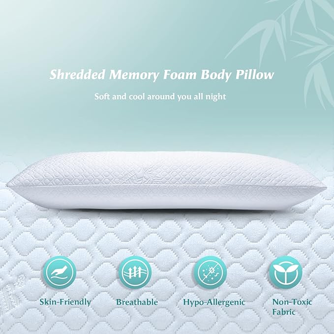 Shredded Memory Foam Full Body Pillow – Side Sleeper – Huggable Long Pillow for Body Relief – with Ultra Soft Cooling Cover, 20 x 54 inches