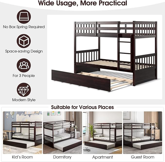 Giantex Twin Over Twin Bunk Bed with Trundle, Convertible Platform Bed Frame with Ladder & Solid Wood Frame, Space-Saving Bunk Bed for Teens & Adults, No Box Spring Needed, Espresso