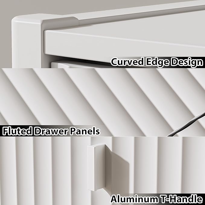White 4 Drawer Dresser, Modern Chest of Drawers for Bedroom, Wood Fluted Dresser Organizer with Deep Drawers for Clothes, Nightstand for Bedroom, Hallway, Living Room, Entryway