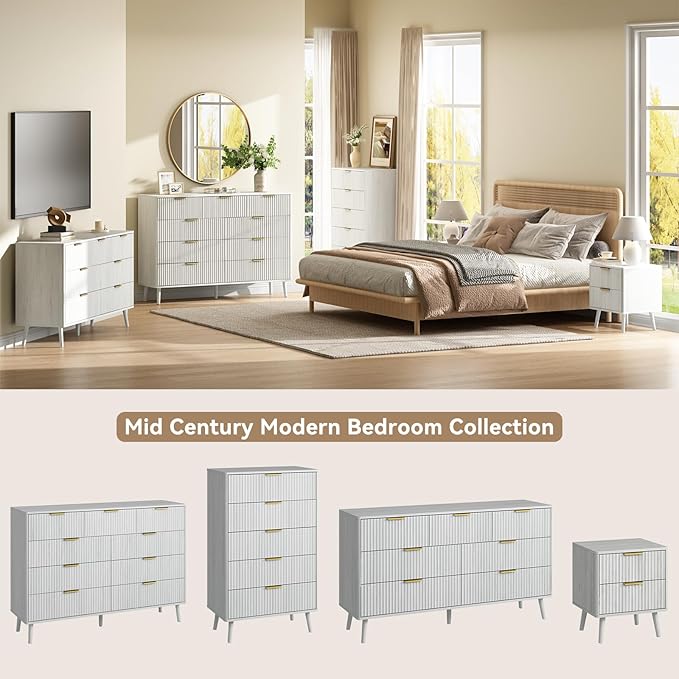 CARPETNAL Fluted 5 Drawers Dresser for Bedroom, 45" Tall Wooden Chest of Drawers with Rounded Corners, Gold Handles, Modern Storage Organizer for Bedroom, Hallway (White)