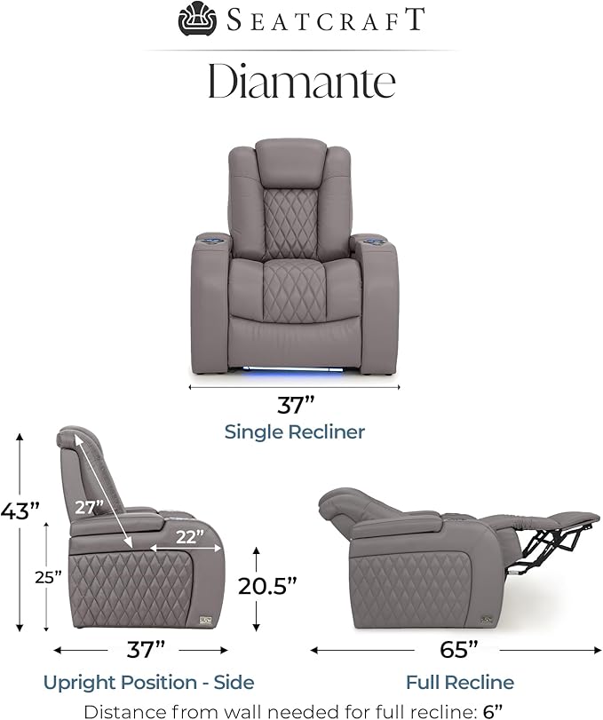 Seatcraft Diamante Zero-Gravity CoolZero Italian Leather Home Theater Seating, Power Headrest, Power Recline, Single Recliner, Gray